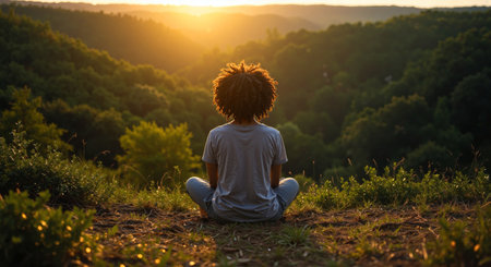 A woman meditates in a yoga pose on top of a mountain, facing the setting sun. The golden hour light illuminates the green landscape and creates a peaceful, serene atmosphere, ideal for themes of mindfulness, nature, and wellness.の素材
