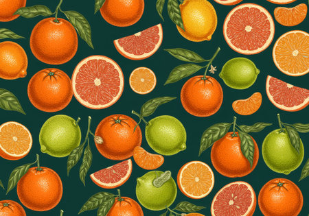 Seamless botanical pattern featuring detailed vintage-style engravings of oranges, grapefruits, lemons, and limes. This vibrant fruit design is perfect for backgrounds, packaging, and surface designs.の素材