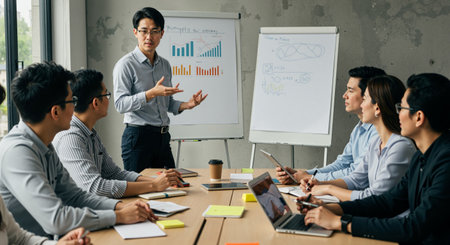 An Asian professional delivers a business presentation with charts to a diverse group of colleagues in a modern office setting, fostering collaboration and innovation. The scene captures a dynamic, multicultural team working together, perfect for illustrating teamwork and corporate success.の素材