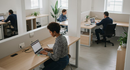 A young African American woman is shown working on her laptop at a desk in a modern open-plan office space. This image could be used to illustrate concepts such as workplace diversity, the future of work, or flexible work arrangements.の素材