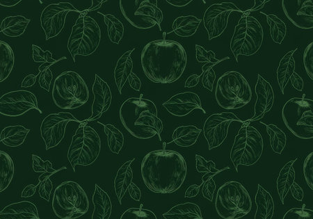 This seamless repeat pattern features hand-drawn illustrations of apples, leaves, and halved fruit against a deep green background. Ideal for textile design, wallpaper, and food-related branding projects.の素材