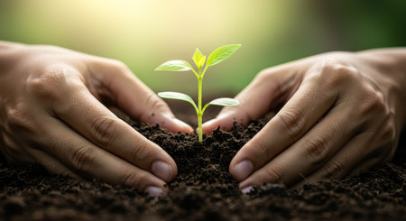 Close-up of nurturing hands gently placing a young plant in fertile soil, symbolizing growth, environmental care, and sustainable practices. The vibrant seedling surrounded by rich earth conveys themes of new beginnings, hope, and ecological awareness.の素材