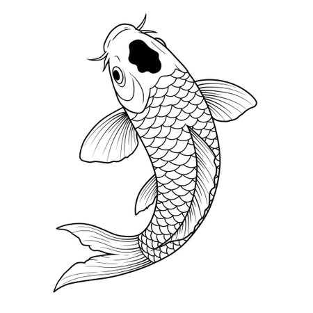 Beautifully drawn in a tattoo-style line art, this koi fish illustration showcases intricate scales and flowing fins, perfect for designs related to Japanese culture. Use it to create stunning apparel graphics, traditional art prints, or unique branding elements.の素材