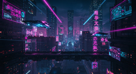 A mesmerizing cyberpunk cityscape comes alive with towering neon-lit skyscrapers and flying vehicles navigating the urban canyons. This vibrant scene embodies futuristic technology, perfect for illustrating themes of science fiction, urban innovation, and advanced transportation.の素材