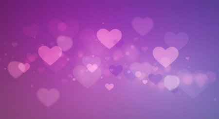 This dreamy bokeh background features soft, glowing hearts in various shades of pink and purple, perfect for Valentine's Day designs. The diffused lights create a romantic atmosphere ideal for greeting cards, digital art, or promotional materials.の素材