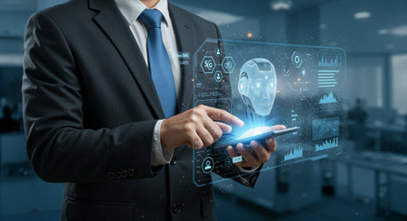 A suited professional uses a smartphone with futuristic AR display, highlighting advanced AI, data analytics, and business intelligence technology. This image illustrates innovation in tech-driven business strategies and digital transformation.の素材