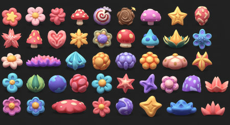 This image showcases a charming collection of stylized fantasy nature elements, perfect for enhancing the visual appeal of casual games or app interfaces. The assets include whimsical flowers, mushrooms, stars, and other decorative objects designed with a playful, cartoon-like aesthetic.の素材
