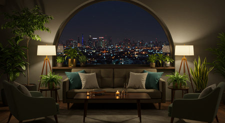 Cozy interior design with a modern couch, armchairs, and wooden coffee table, complemented by plants and soft lighting. This stylish apartment showcases a breathtaking night cityscape through a large arched window, creating a warm and inviting atmosphere.の素材