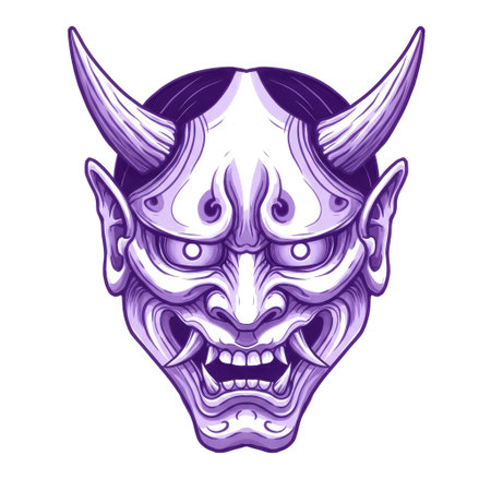 Intricate purple oni mask with sharp horns and menacing expression, perfect for tattoo design or digital art. This detailed illustration captures Japanese folklore and traditional artistry with modern appeal.の素材