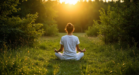 A woman practices mindfulness and finds inner peace in a serene outdoor setting, meditating in a lotus position as the sun sets. The golden light and lush green surroundings create a tranquil and inviting atmosphere, ideal for wellness, spiritual, or mindful living concepts.の素材