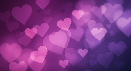 This captivating image features a blurred background filled with pink and purple heart-shaped bokeh lights, perfect for Valentine's Day or romantic themes. The soft, dreamy effect evokes feelings of love, warmth, and celebration.の素材