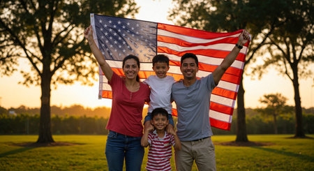 A happy family of four holds up an American flag at sunset, celebrating patriotism. The idyllic park setting and warm lighting enhance the celebratory feel of the image.の素材