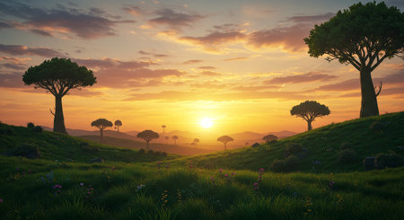 A tranquil landscape features silhouetted trees dotting rolling green hills bathed in the warm glow of the setting sun. This scenic vista evokes a sense of peace and natural beauty, perfect for travel brochures, nature-themed websites, and inspirational imagery.の素材