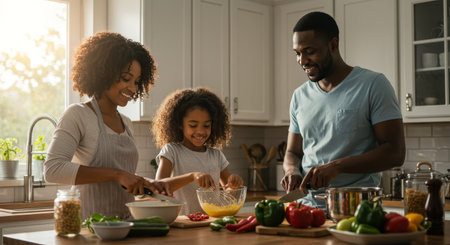 A happy African American family prepares food together at home, chopping vegetables and mixing ingredients in a bright, modern kitchen. This warm, lifestyle image conveys themes of family, health, and togetherness perfect for advertising food products or family services.の素材
