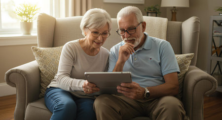 A senior couple sits comfortably in their living room, engrossed in content on a tablet, with a cozy and modern home setting. The scene evokes a sense of togetherness, technology adoption, and a relaxed lifestyle.の素材
