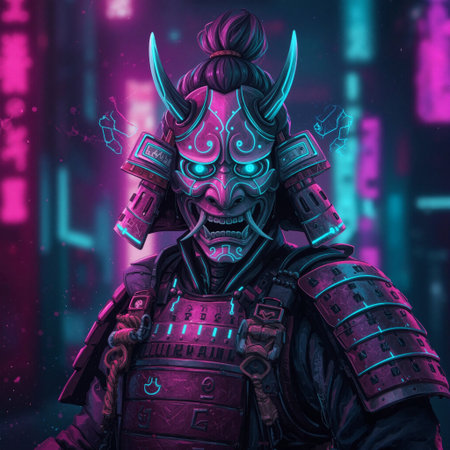 A cyberpunk samurai warrior with a glowing oni mask stands in a neon-lit city, blending traditional Japanese armor with futuristic aesthetics. This striking image is perfect for science fiction, gaming, or cultural projects needing a bold and unique visual.の素材