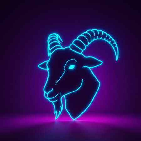 A vibrant Capricorn zodiac sign is brought to life with glowing neon blue lines against a deep purple backdrop, perfect for astrology themes or modern art applications. The ethereal glow casts a soft reflection, adding depth and intrigue to the graphic.の素材
