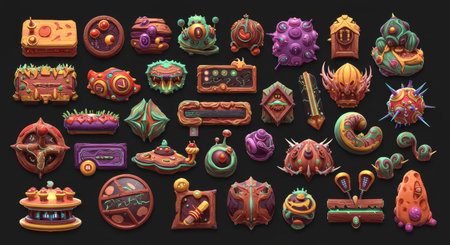 A whimsical collection of cartoon alien objects is beautifully showcased, rendered with vibrant colors and intricate details. This diverse set offers a wealth of design possibilities for game development, animation, and creative projects seeking a playful, otherworldly touch.の素材