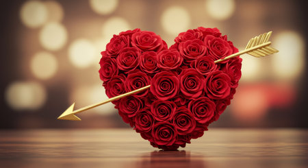 A captivating 3D render features a heart made of vibrant red roses, symbolizing love and passion, pierced by a golden Cupid's arrow on a reflective surface with a warm bokeh background. Ideal for Valentine's Day cards, romantic invitations, or symbolizing deep affection.の素材