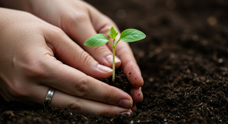 Close up of a pair of hands gently planting a small seedling in rich, dark soil, symbolizing new beginnings and nurturing growth. The tender moment captures the essence of environmental stewardship and the hope for a sustainable future.の素材