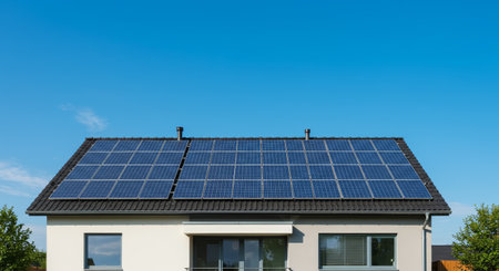 A modern home with a dark tile roof is equipped with solar panels, providing a renewable energy source. The blue solar panels on the roof contrast against a bright blue sky, conveying sustainability and energy efficiency.の素材