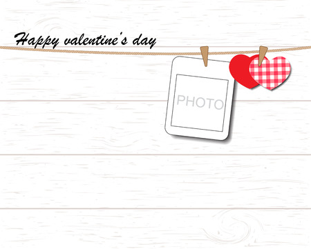 Blank instant photo and small red paper heart hanging on the clotheslineのイラスト素材