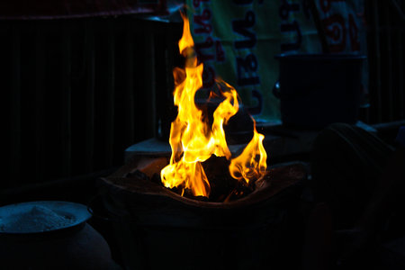 Flames from a stove. With light flakes.