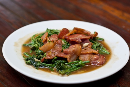 stir-fried chayote vegetables with bacon on whith dish の写真素材