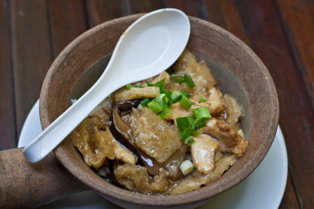 Fried fish maw topped on rice in bowl の写真素材