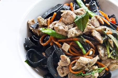 Stir in spaghetti, black lines  A spicy  thai style の写真素材