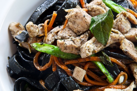 Stir in spaghetti, black lines  A spicy  thai style の写真素材