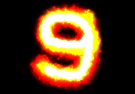 Number  9  of fire on black background の写真素材