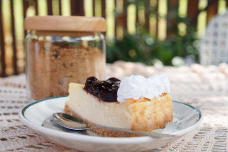 Blueberry cheese cake with spoon on white dish.の写真素材