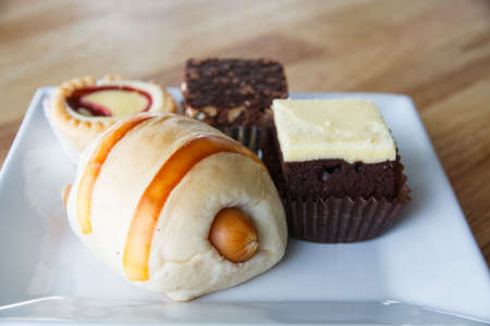 Bakery with sausage bread and cake chocolate.の写真素材