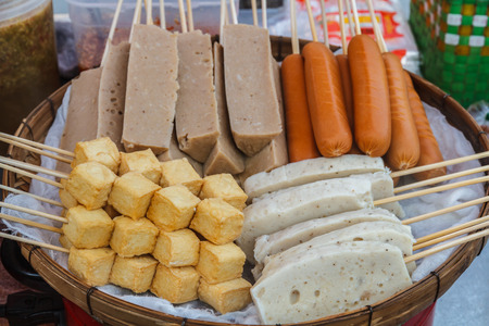 Steam meatballs and sausage on the market, Thailand.の写真素材