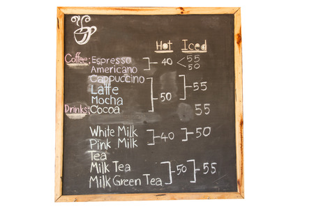 Beverage menu coffee and other drink on blackboard, isolated white background.の写真素材