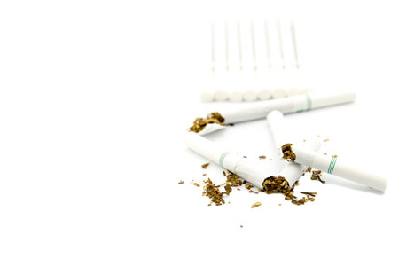 Cigarette broken isolated on white background. World no tobacco day, 31 may.の写真素材