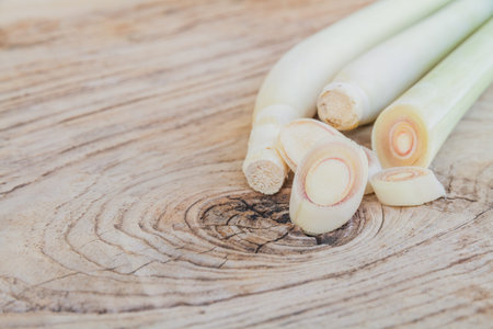 Lemon grass on wood table. Ingredient of food.