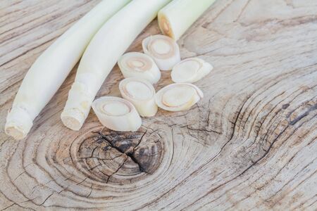 Lemon grass on wood table. Ingredient of food.の写真素材