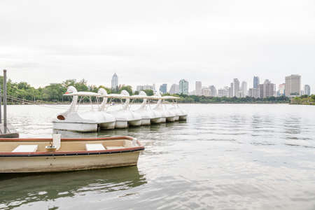 Paddle boat shaped swan shot from Queen Sirikit National Convention Center, Bangkok, Thailand.の写真素材