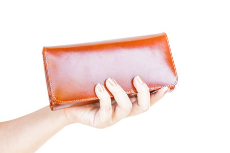 Hand holding wallet women isolated on white background.