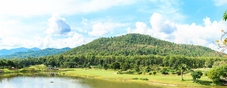 Beautiful green golf course landscape panorama, Golfing resort at Lamphun Province, Thailand.の写真素材