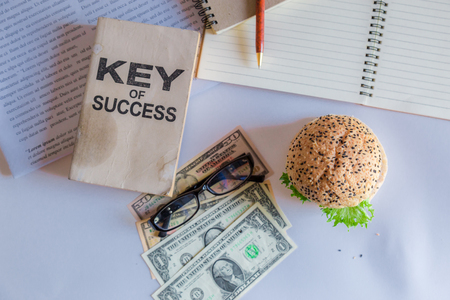 Hamburger food that suits the business rush and busy. top view or flat lay.の写真素材