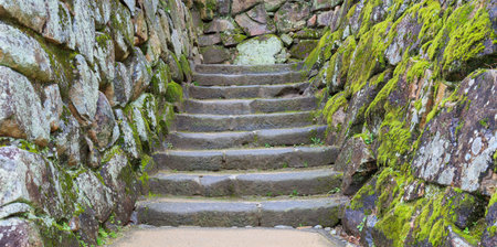 The old walkway is made of stone to get to the up. The side has a wall made of stone with green...