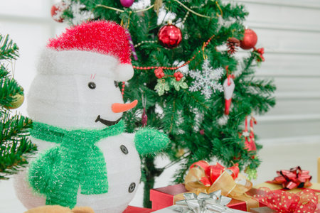 Snowmen, Christmas trees and lots of gift box for Christmas or New Year.の写真素材