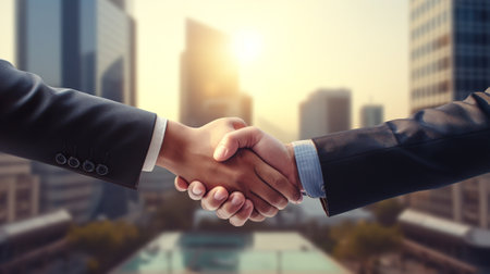 Businessman Handshake in Modern Cityscape, Corporate Partnership Agreement. Generative AIの素材