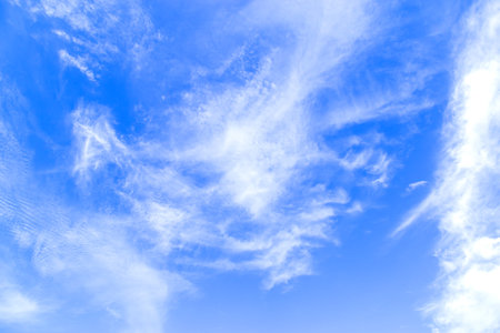 Blue sky and white cloud beautiful in summer. Good weather day background. Horizon picture with copy space.の写真素材