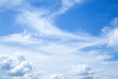 Blue sky and white cloud beautiful in summer. Good weather day background. Horizon picture with copy space.の写真素材