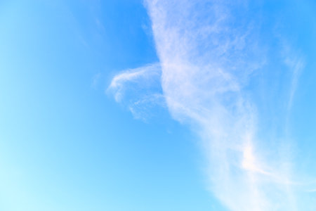 Blue sky and white cloud beautiful in summer clouds shaped like birds flying. Good weather day background. Horizon picture with copy space.の写真素材