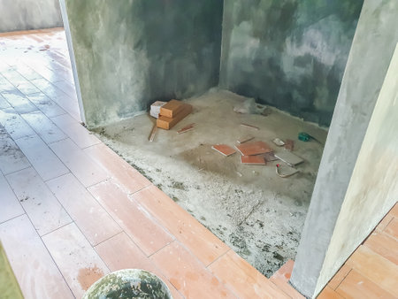 The new house is covered with red ceramic tiles with wooden patterns.の写真素材